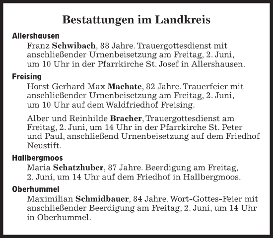 Traueranzeige von Bestattungen vom 02.06.2023 von Süddeutsche Zeitung