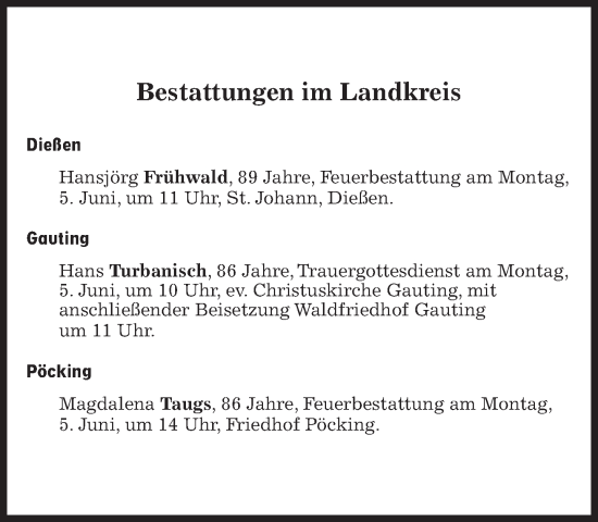 Traueranzeige von Bestattungen vom 05.06.2023 von Süddeutsche Zeitung