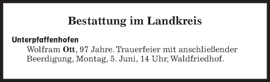 Traueranzeige von Bestattungen vom 05.06.2023 von Süddeutsche Zeitung