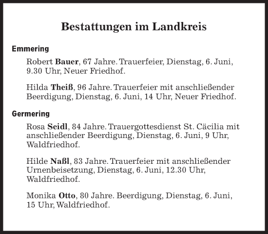 Traueranzeige von Bestattungen vom 06.06.2023 von Süddeutsche Zeitung