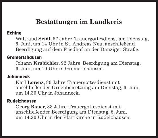 Traueranzeige von Bestattungen vom 06.06.2023 von Süddeutsche Zeitung