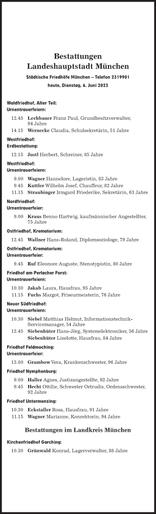 Traueranzeige von Bestattungen vom 06.06.2023 von Süddeutsche Zeitung