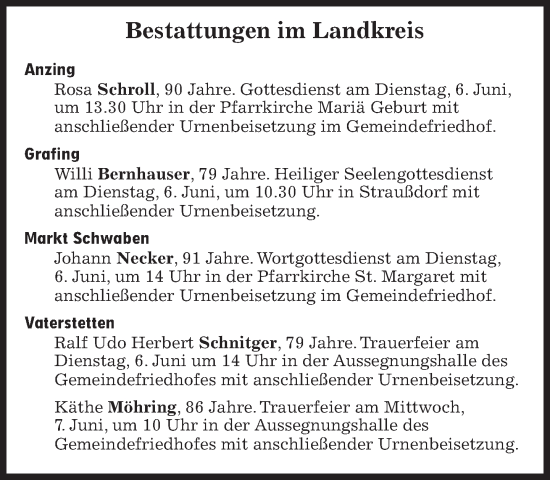 Traueranzeige von Bestattungen vom 06.06.2023 von Süddeutsche Zeitung