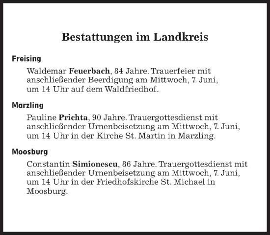 Traueranzeige von Bestattungen vom 07.06.2023 von Süddeutsche Zeitung