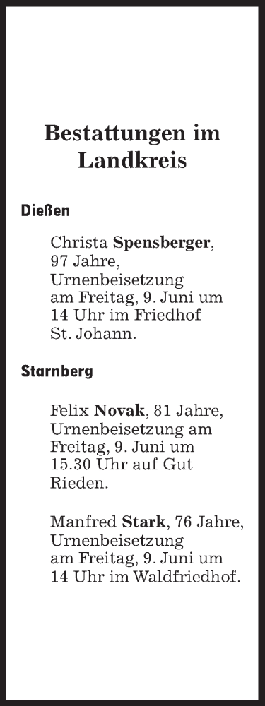 Traueranzeige von Bestattungen vom 09.06.2023 von Süddeutsche Zeitung