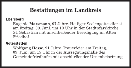 Traueranzeige von Bestattungen vom 09.06.2023 von Süddeutsche Zeitung