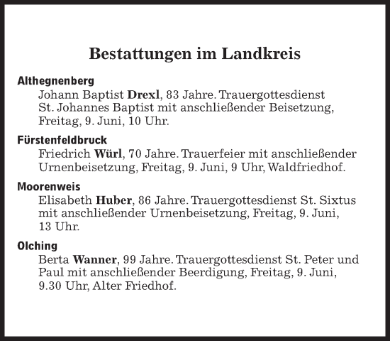 Traueranzeige von Bestattungen vom 09.06.2023 von Süddeutsche Zeitung