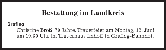 Traueranzeige von Bestattungen vom 12.06.2023 von Süddeutsche Zeitung