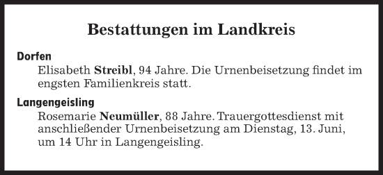 Traueranzeige von Bestattungen vom 13.06.2023 von Süddeutsche Zeitung