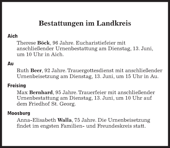 Traueranzeige von Bestattungen vom 13.06.2023 von Süddeutsche Zeitung