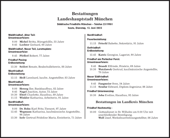 Traueranzeige von Bestattungen vom 13.06.2023 von Süddeutsche Zeitung