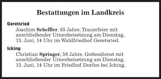 Traueranzeige von Bestattungen vom 13.06.2023 von Süddeutsche Zeitung