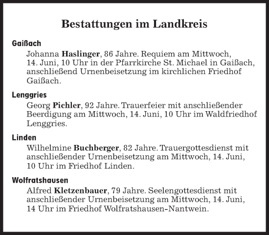 Traueranzeige von Bestattungen vom 14.06.2023 von Süddeutsche Zeitung