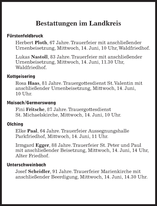 Traueranzeige von Bestattungen vom 14.06.2023 von Süddeutsche Zeitung