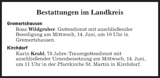 Traueranzeige von Bestattungen vom 14.06.2023 von Süddeutsche Zeitung