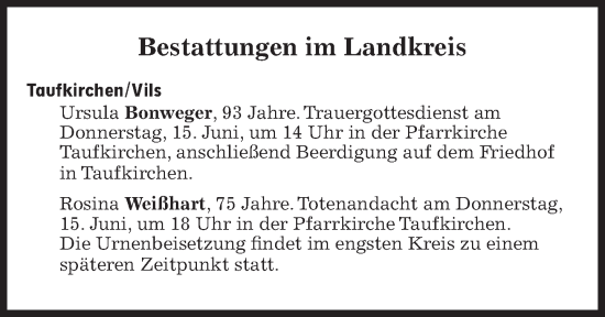 Traueranzeige von Bestattungen vom 15.06.2023 von Süddeutsche Zeitung