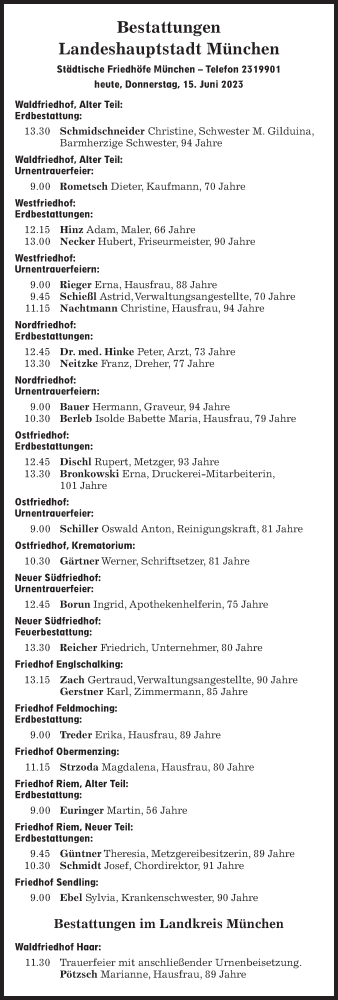 Traueranzeige von Bestattungen vom 15.06.2023 von Süddeutsche Zeitung