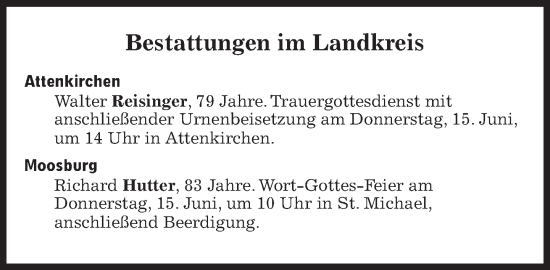 Traueranzeige von Bestattungen vom 15.06.2023 von Süddeutsche Zeitung