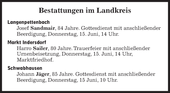 Traueranzeige von Bestattungen vom 15.06.2023 von Süddeutsche Zeitung