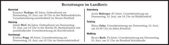 Traueranzeige von Bestattungen vom 15.06.2023 von Süddeutsche Zeitung