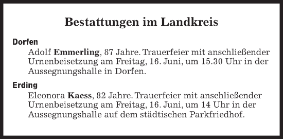 Traueranzeige von Bestattungen vom 16.06.2023 von Süddeutsche Zeitung