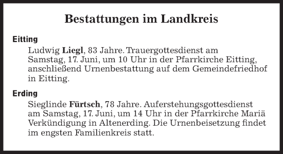 Traueranzeige von Bestattungen vom 17.06.2023 von Süddeutsche Zeitung