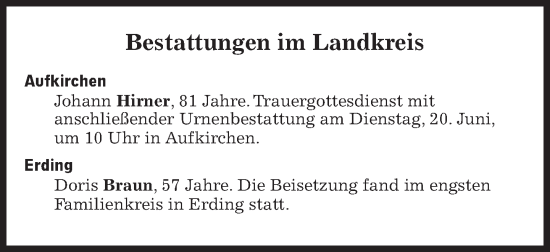 Traueranzeige von Bestattungen vom 20.06.2023 von Süddeutsche Zeitung