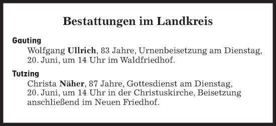 Traueranzeige von Bestattungen vom 20.06.2023 von Süddeutsche Zeitung