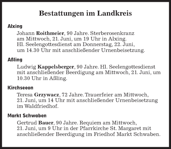 Traueranzeige von Bestattungen vom 21.06.2023 von Süddeutsche Zeitung