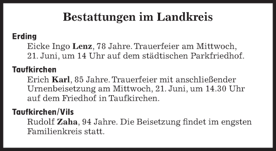 Traueranzeige von Bestattungen vom 21.06.2023 von Süddeutsche Zeitung