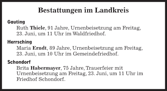 Traueranzeige von Bestattungen vom 23.06.2023 von Süddeutsche Zeitung