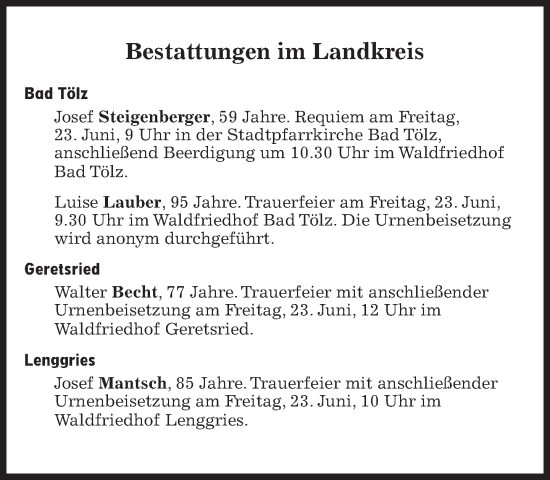 Traueranzeige von Bestattungen vom 23.06.2023 von Süddeutsche Zeitung