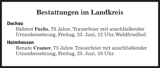 Traueranzeige von Bestattungen vom 23.06.2023 von Süddeutsche Zeitung