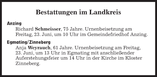 Traueranzeige von Bestattungen vom 23.06.2023 von Süddeutsche Zeitung