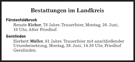 Traueranzeige von Bestattungen vom 26.06.2023 von Süddeutsche Zeitung