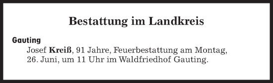 Traueranzeige von Bestattungen vom 26.06.2023 von Süddeutsche Zeitung