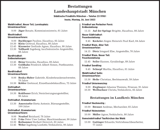 Traueranzeige von Bestattungen vom 26.06.2023 von Süddeutsche Zeitung