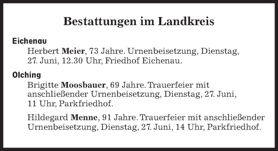 Traueranzeige von Bestattungen vom 27.06.2023 von Süddeutsche Zeitung