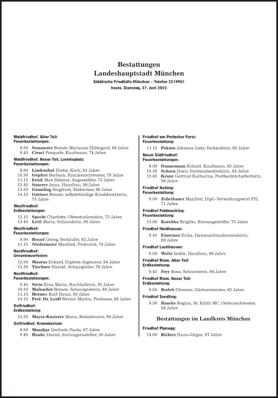 Traueranzeige von Bestattungen vom 27.06.2023 von Süddeutsche Zeitung