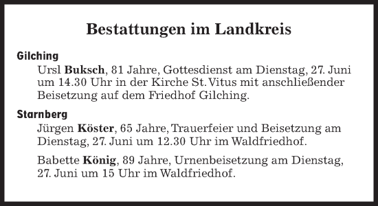 Traueranzeige von Bestattungen vom 27.06.2023 von Süddeutsche Zeitung