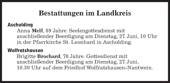 Traueranzeige von Bestattungen vom 27.06.2023 von Süddeutsche Zeitung