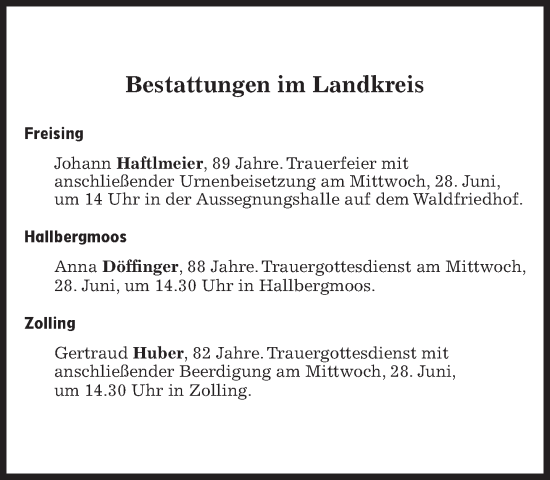 Traueranzeige von Bestattungen vom 28.06.2023 von Süddeutsche Zeitung