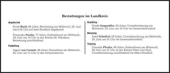 Traueranzeige von Bestattungen vom 28.06.2023 von Süddeutsche Zeitung