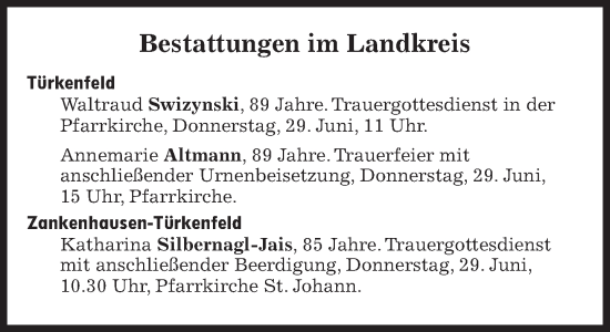 Traueranzeige von Bestattungen vom 29.06.2023 von Süddeutsche Zeitung