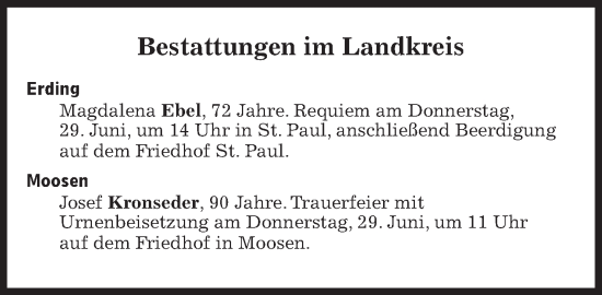 Traueranzeige von Bestattungen vom 29.06.2023 von Süddeutsche Zeitung