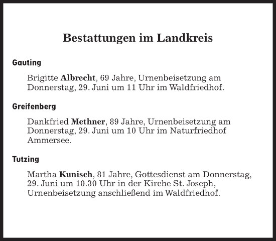 Traueranzeige von Bestattungen vom 29.06.2023 von Süddeutsche Zeitung