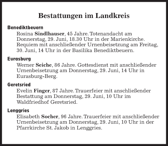 Traueranzeige von Bestattungen vom 29.06.2023 von Süddeutsche Zeitung