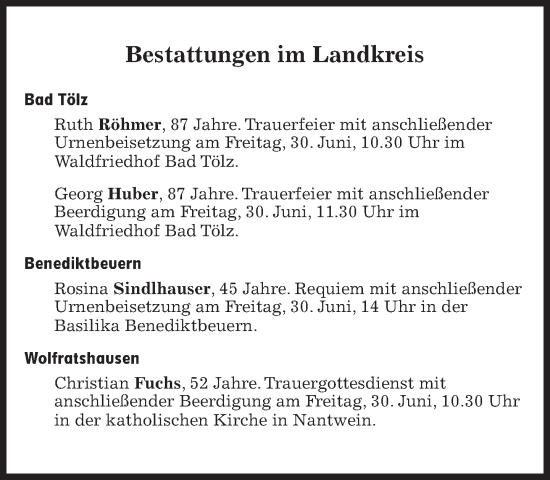 Traueranzeige von Bestattungen vom 30.06.2023 von Süddeutsche Zeitung