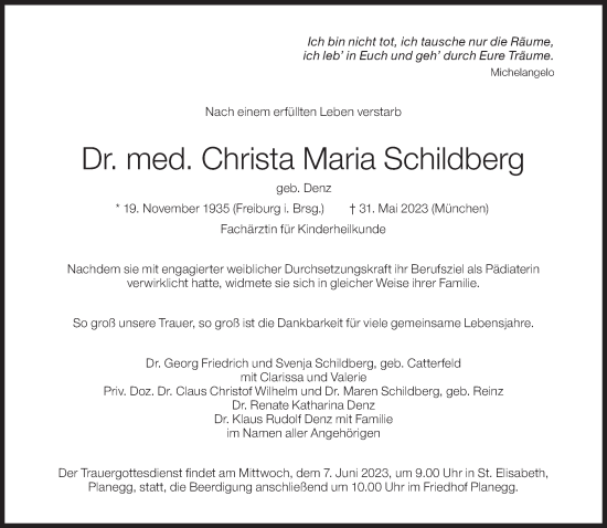 Traueranzeige von Christa Maria Schildberg von Süddeutsche Zeitung