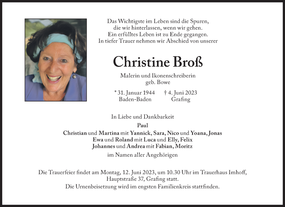  Traueranzeige für Christine Broß vom 07.06.2023 aus Süddeutsche Zeitung